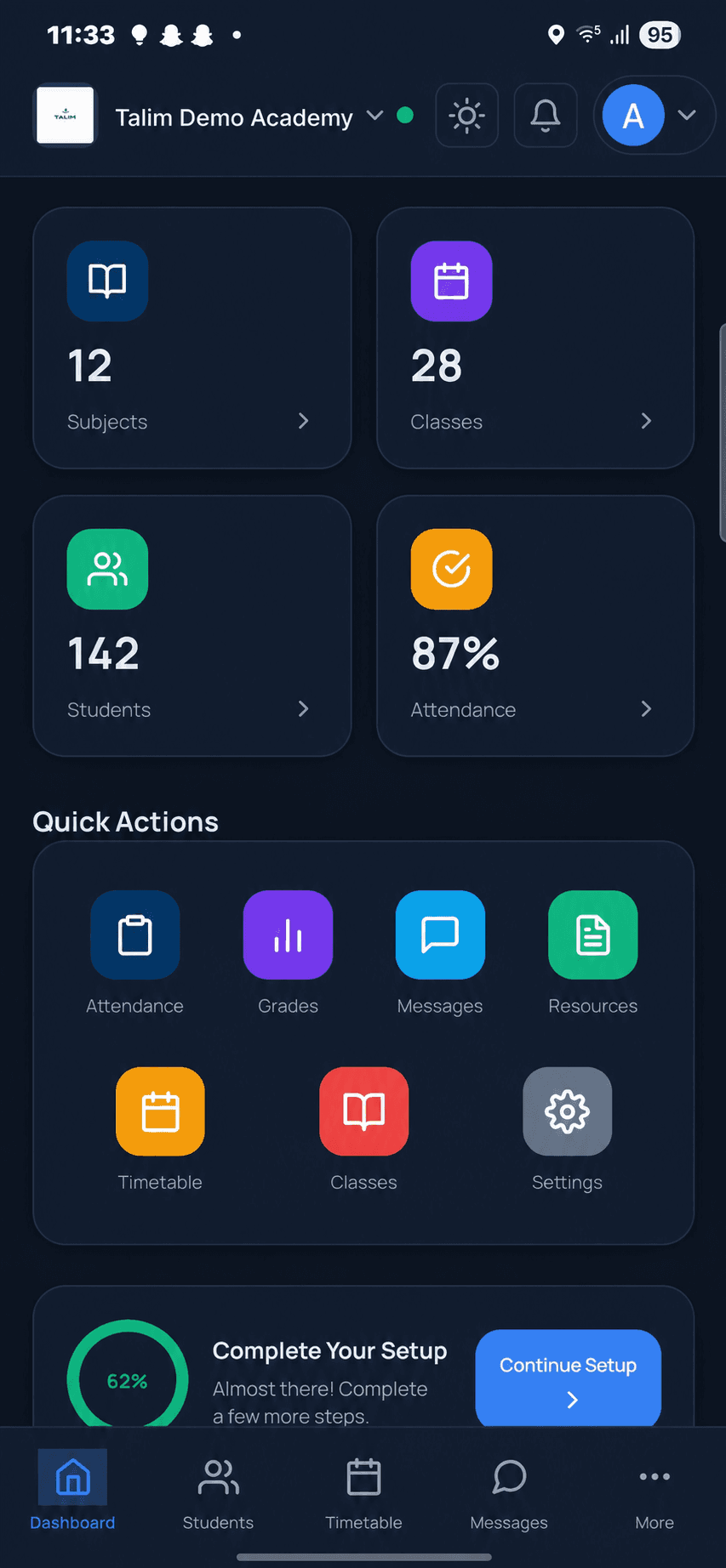 Talim Demo Academy mobile dashboard