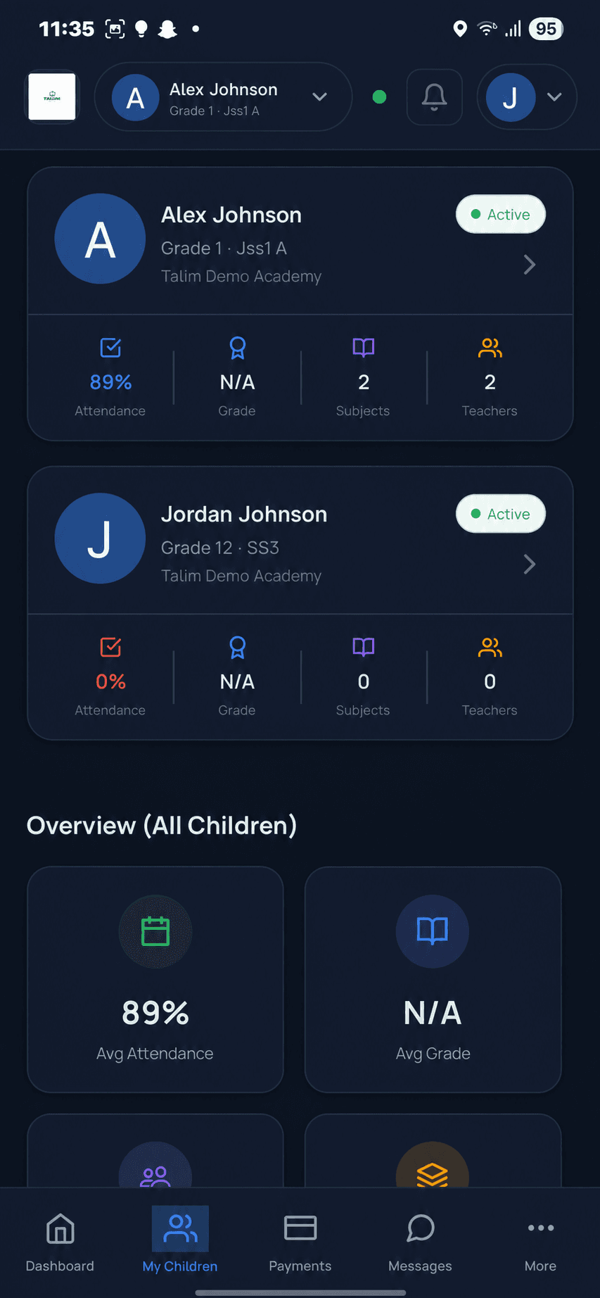 Parent portal on Talim mobile