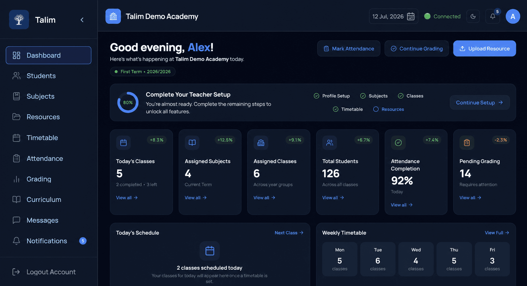 Teacher portal dashboard